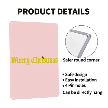 Merry Christmas Cream Heather Pink Metal Poster Wall Art Decor Sign