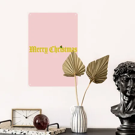 Merry Christmas Cream Heather Pink Metal Poster Wall Art Decor Sign