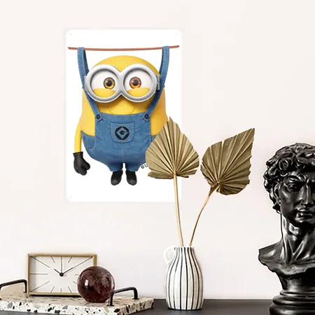 Minions Bob Hanging On The Clothesline White Matte Metal Poster Wall Art Decor Sign
