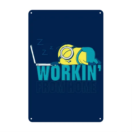 Minions Stuart Working From Home Navy Metal Poster Wall Art Decor Sign