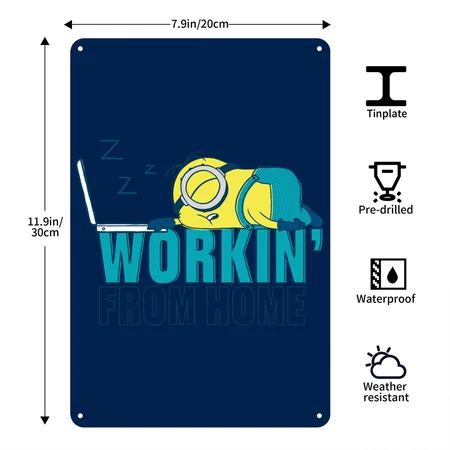 Minions Stuart Working From Home Navy Metal Poster Wall Art Decor Sign