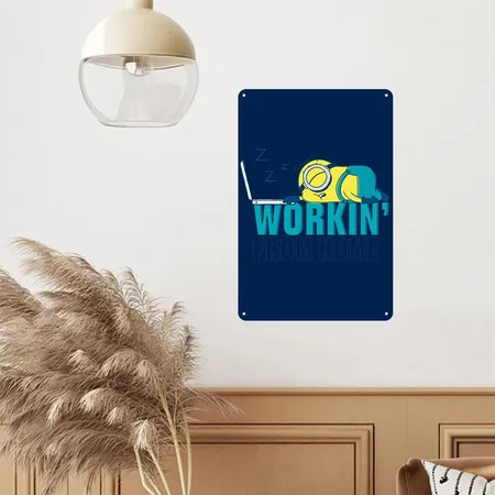 Minions Stuart Working From Home Navy Metal Poster Wall Art Decor Sign