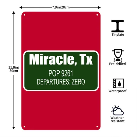 Miracle, Tx Pop 9261 Departures Zero Apparel Red Metal Poster Wall Art Decor Sign