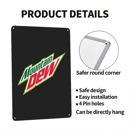 Mountain Dew Black/heather Gray Metal Poster Wall Art Decor Sign