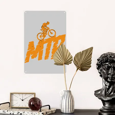 MTB Bike Ride Free Mountain Logo Graphic Sketch Heather Gray Metal Poster Wall Art Decor Sign