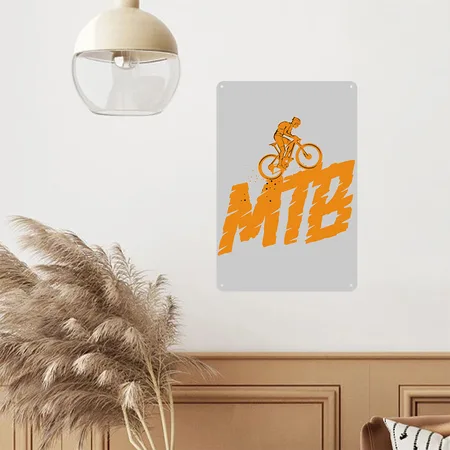 MTB Bike Ride Free Mountain Logo Graphic Sketch Heather Gray Metal Poster Wall Art Decor Sign