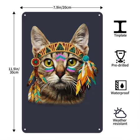 Native American Cat Navy/heather Gray Metal Poster Wall Art Decor Sign