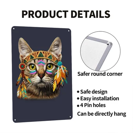 Native American Cat Navy/heather Gray Metal Poster Wall Art Decor Sign