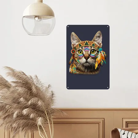 Native American Cat Navy/heather Gray Metal Poster Wall Art Decor Sign