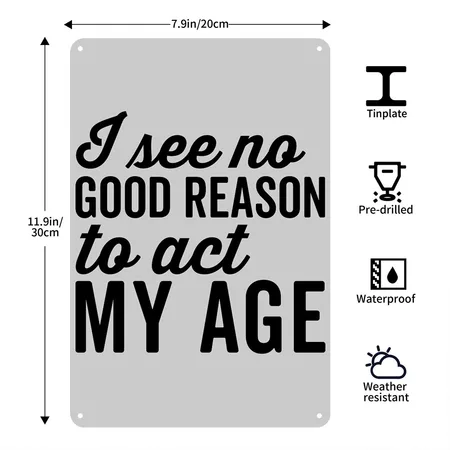 No Good Reason Act My Age Funny Sarcastic Saying Heather Gray Metal Poster Wall Art Decor Sign