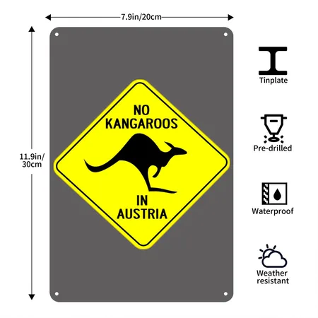 NO KANGAROOS IN AUSTRIA Charcoal Grey Metal Poster Wall Art Decor Sign