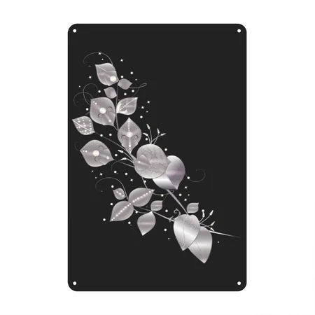 Noble Leaf Tendril In Metallic Silver Look Black/heather Gray Metal Poster Wall Art Decor Sign