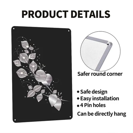 Noble Leaf Tendril In Metallic Silver Look Black/heather Gray Metal Poster Wall Art Decor Sign
