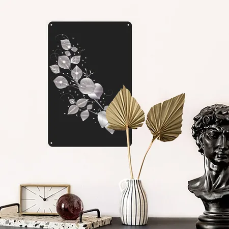 Noble Leaf Tendril In Metallic Silver Look Black/heather Gray Metal Poster Wall Art Decor Sign