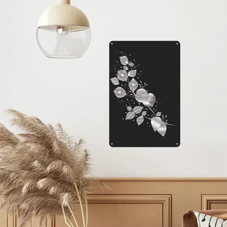 Noble Leaf Tendril In Metallic Silver Look Black/heather Gray Metal Poster Wall Art Decor Sign