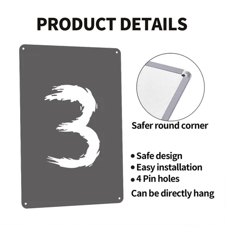 Number 3 Favorite Number Design Brush Charcoal Grey Metal Poster Wall Art Decor Sign