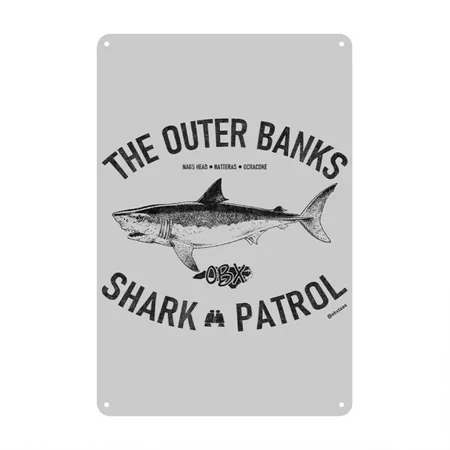 Outer Banks Shark Patrol OBX Vintage Black Heather Gray Metal Poster Wall Art Decor Sign