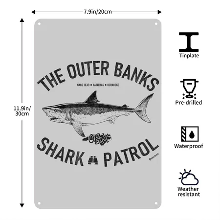 Outer Banks Shark Patrol OBX Vintage Black Heather Gray Metal Poster Wall Art Decor Sign