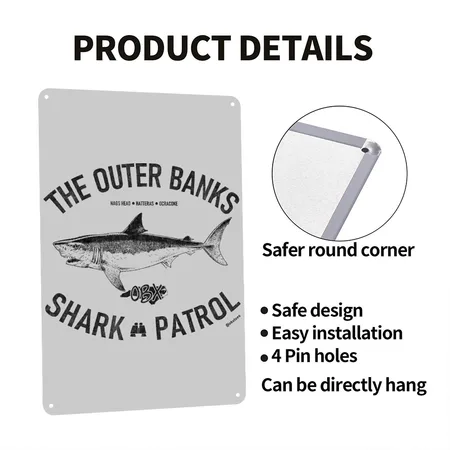 Outer Banks Shark Patrol OBX Vintage Black Heather Gray Metal Poster Wall Art Decor Sign