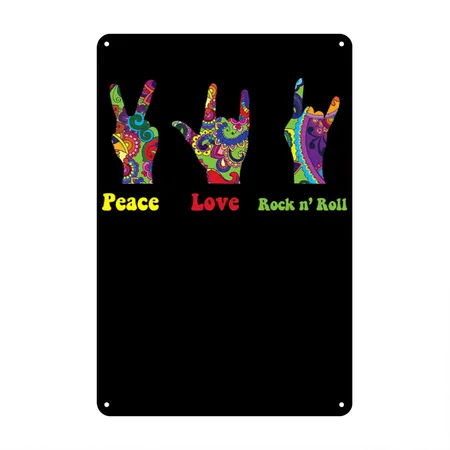 Peace Love Rock And Roll Hippie Hippies Retro Black Metal Poster Wall Art Decor Sign