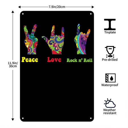 Peace Love Rock And Roll Hippie Hippies Retro Black Metal Poster Wall Art Decor Sign