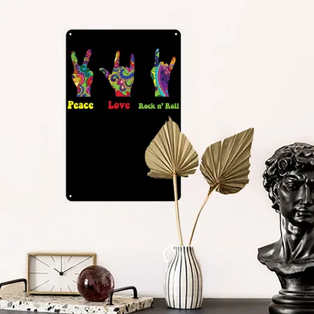 Peace Love Rock And Roll Hippie Hippies Retro Black Metal Poster Wall Art Decor Sign