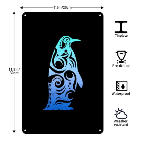 Penguin Maori Style Tribal Tattoo Gift Idea Black Metal Poster Wall Art Decor Sign