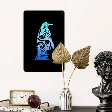 Penguin Maori Style Tribal Tattoo Gift Idea Black Metal Poster Wall Art Decor Sign