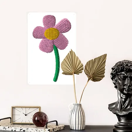 Pink Flower Embroidered White Metal Poster Wall Art Decor Sign