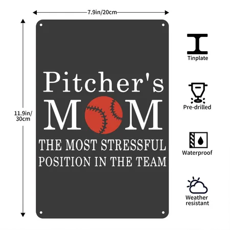 Pitcher Is Mom Heather Black Metal Poster Wall Art Decor Sign