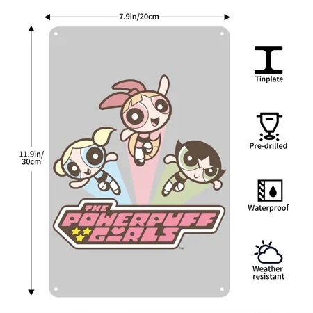 Powerpuff Girls Vintage Heather Gray Metal Poster Wall Art Decor Sign