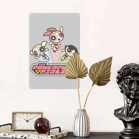 Powerpuff Girls Vintage Heather Gray Metal Poster Wall Art Decor Sign