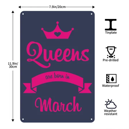 Queens Are Born In March Navy Metal Poster Wall Art Decor Sign