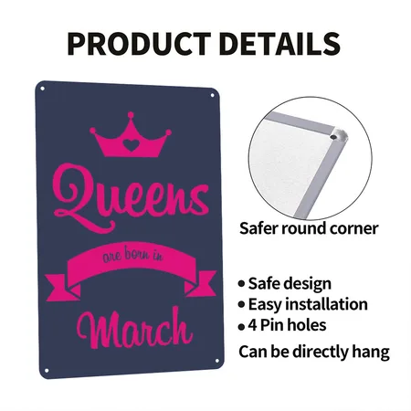 Queens Are Born In March Navy Metal Poster Wall Art Decor Sign