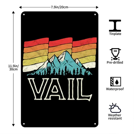 Retro Vail Colorado Mountains Ski Black Metal Poster Wall Art Decor Sign