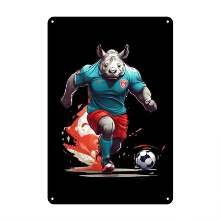 Rhino Dribble Ball With New Soccer Uniform Black Metal Poster Wall Art Decor Sign