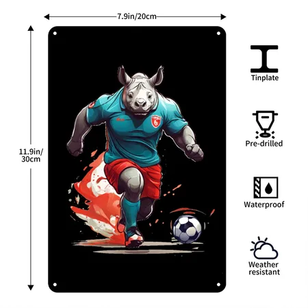 Rhino Dribble Ball With New Soccer Uniform Black Metal Poster Wall Art Decor Sign