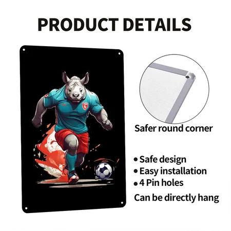 Rhino Dribble Ball With New Soccer Uniform Black Metal Poster Wall Art Decor Sign