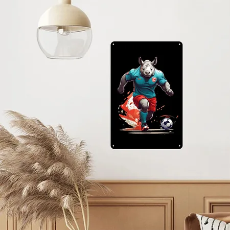 Rhino Dribble Ball With New Soccer Uniform Black Metal Poster Wall Art Decor Sign