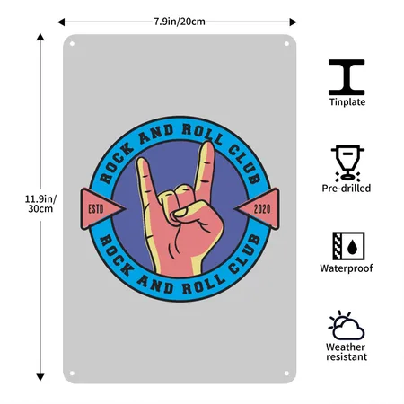Rock And Roll Club Heather Gray Metal Poster Wall Art Decor Sign