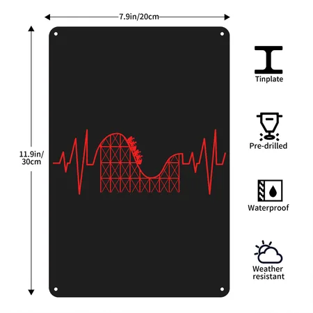 Roller Coaster Heartbeat Heartline Theme Park Black/asphalt Metal Poster Wall Art Decor Sign