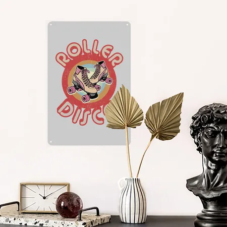Roller Derby Roller Skates - Red & Pink Retro Heather Gray Metal Poster Wall Art Decor Sign