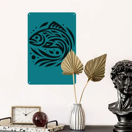 Salmon Native American Zodiac Heather Teal/black Metal Poster Wall Art Decor Sign
