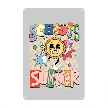 School Out For Summer Sunshine Retro Groovy Heather Gray Metal Poster Wall Art Decor Sign