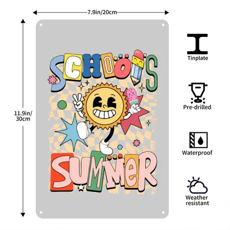 School Out For Summer Sunshine Retro Groovy Heather Gray Metal Poster Wall Art Decor Sign