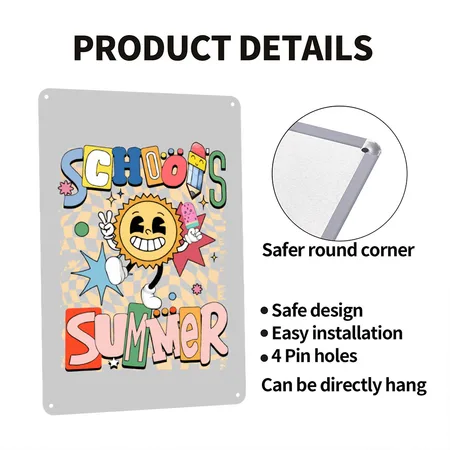 School Out For Summer Sunshine Retro Groovy Heather Gray Metal Poster Wall Art Decor Sign