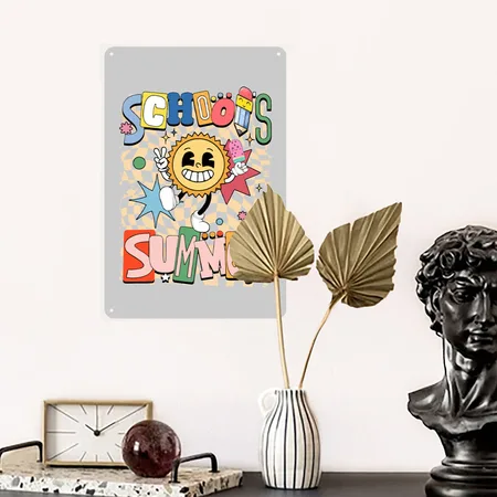 School Out For Summer Sunshine Retro Groovy Heather Gray Metal Poster Wall Art Decor Sign