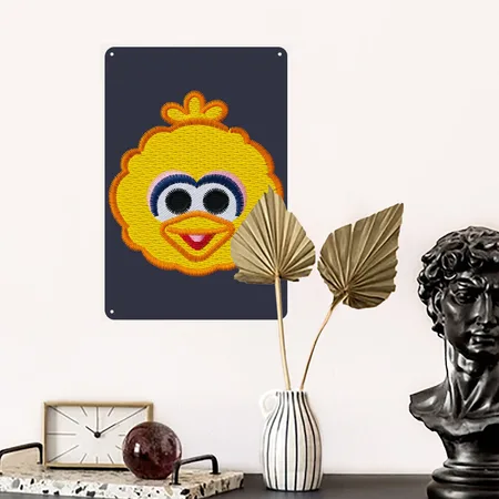 Sesame Street Embroidered Big Bird Navy/heather Gray Metal Poster Wall Art Decor Sign