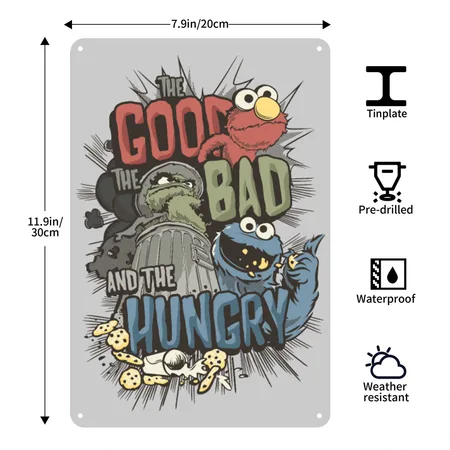 Sesame Street Good Bad And The Hungry Heather Gray Metal Poster Wall Art Decor Sign