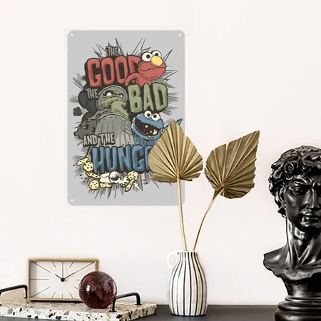 Sesame Street Good Bad And The Hungry Heather Gray Metal Poster Wall Art Decor Sign
